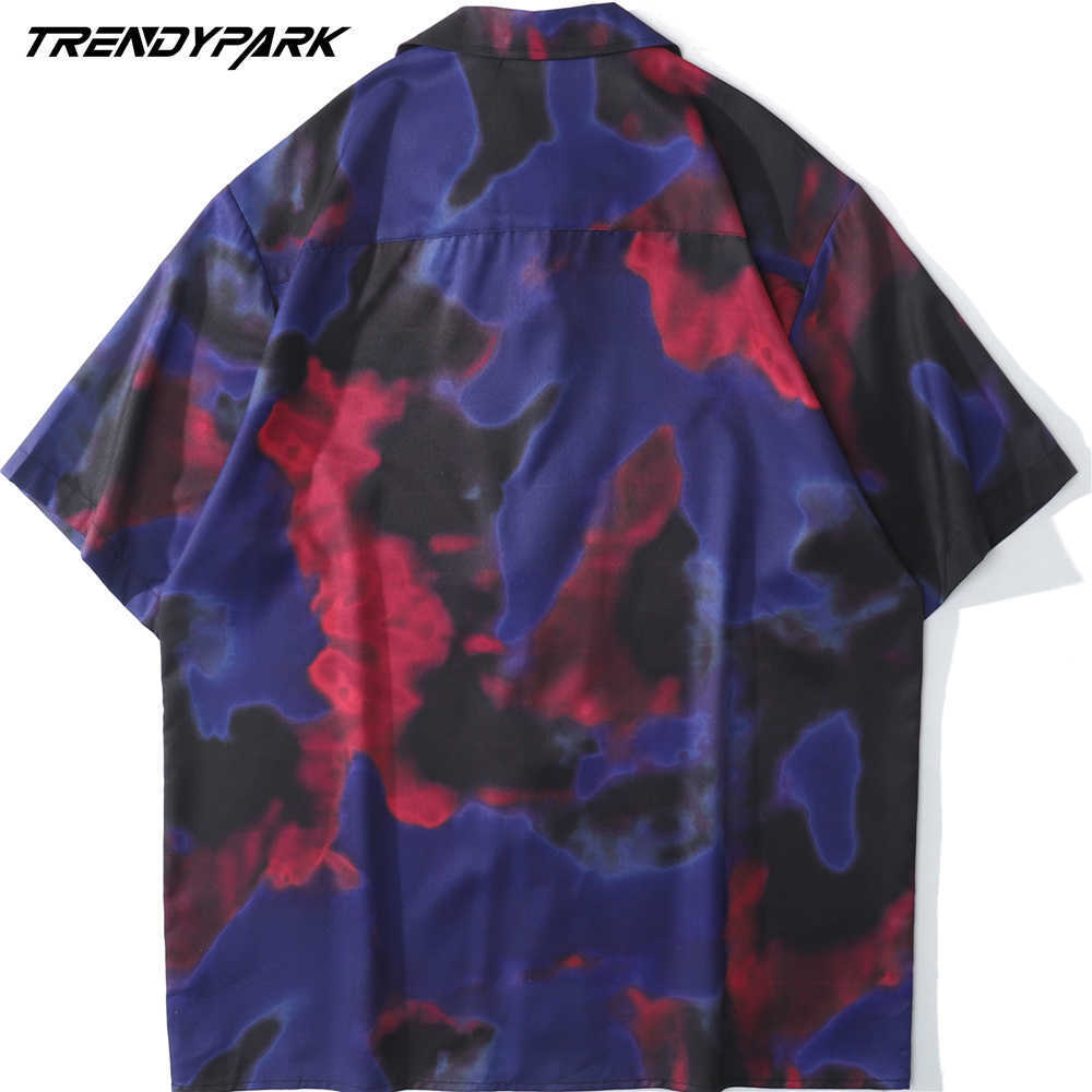Men Shirts Hawaiian Beach Holiday Harajuku Short Sleeve Casual Shirt Vintage Tie-dye Blue Oversized Summer Top Shirt 210601