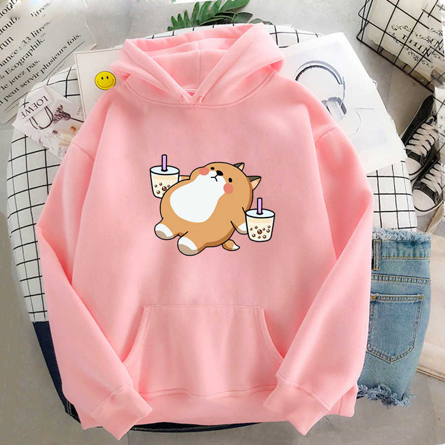 Boba Tea Hoodie Cute Dog Hooded Sweatshirt Harajuku Hoodies Lovely Kawaii Casual Hoody O-Neck Women's Clothes 210910