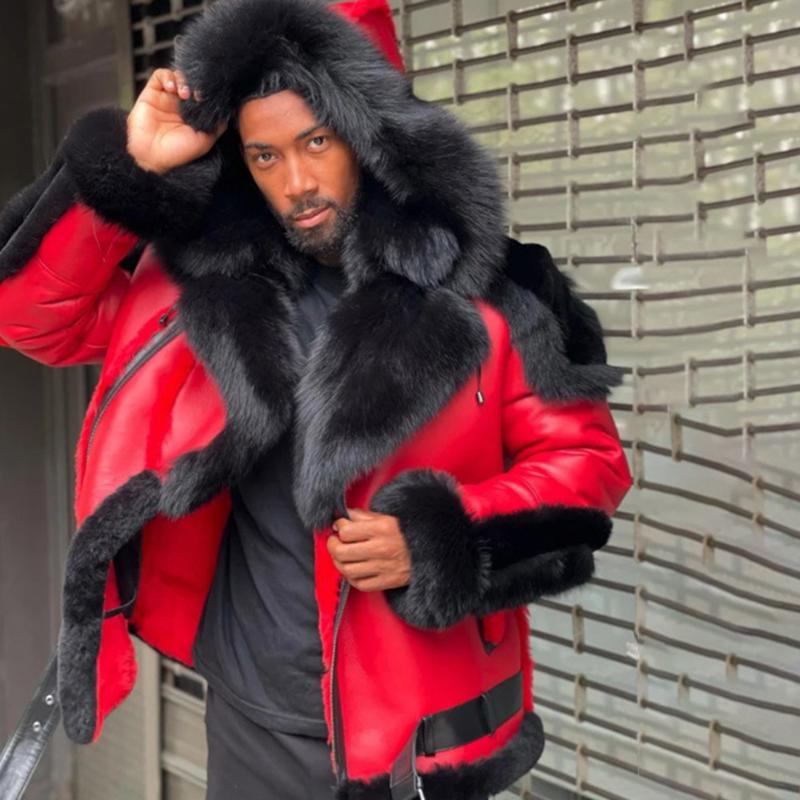 Men's Fur & Faux Leather Winter Jacket Thicken Veet Collar Hooded Zipper Color Block Patchwork Fashion Red Men AAA Discount for in-store purchase
