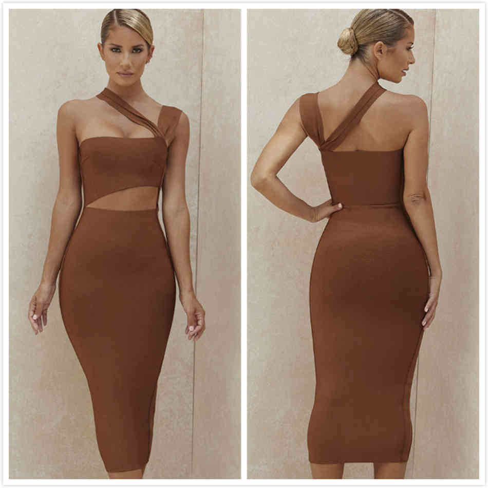Free Women's Irregular Bandage Dress Sexy Sleeveless Hollow Bodycon Midi Brown Club Party Vestidos 210524