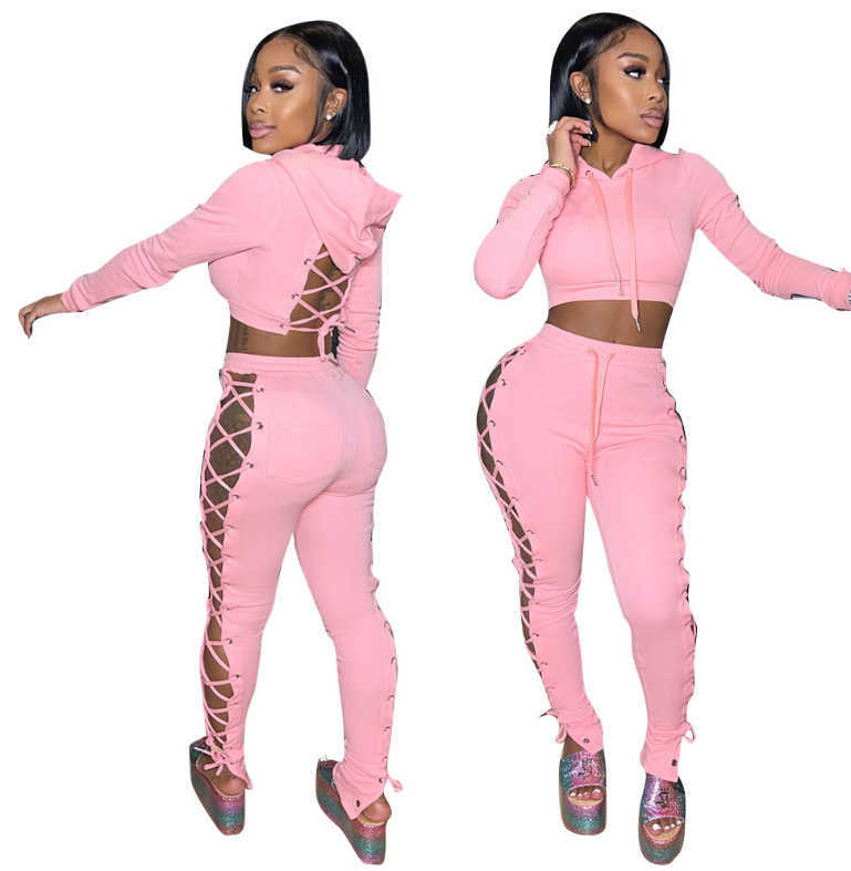 Women's Two Piece Pants Designers Women Clothes 2023 autumn and winter women's fashion corns bandage solid color pants two-piece set