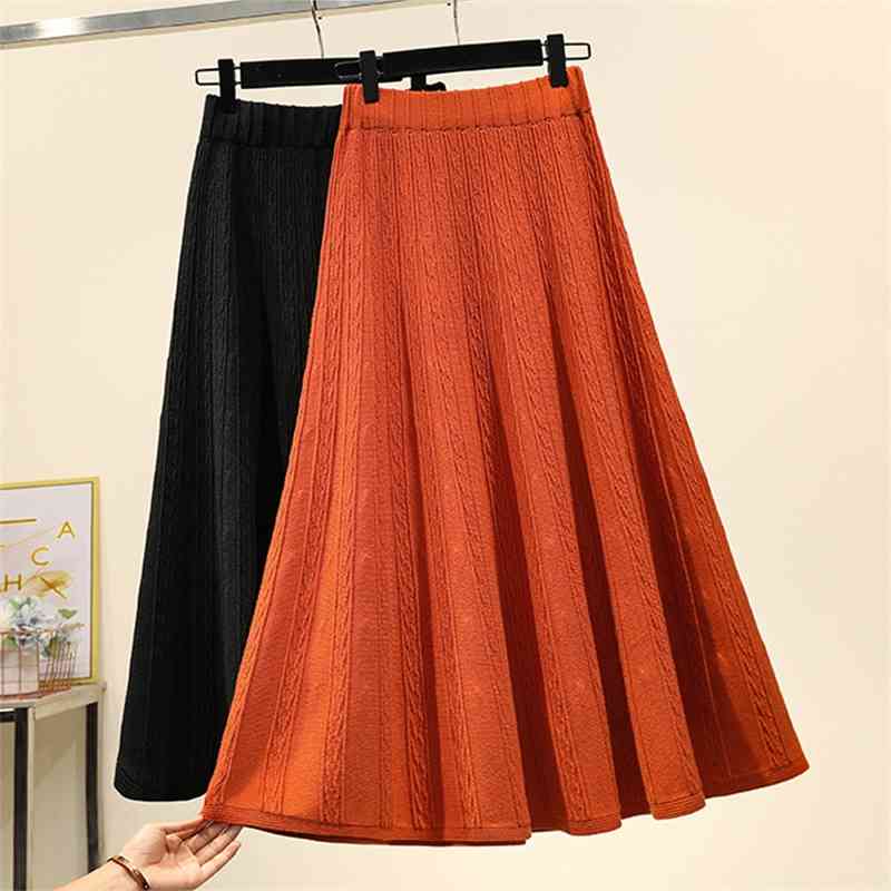 Vintage Winter Women thick sweater skirt Elastic High Waist Pleated Midi knitted Skirt female solid Plus size elegant Skirts 210520