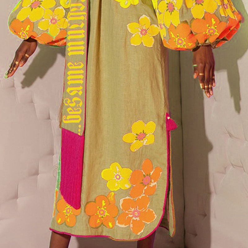 VKBN Summer Dress Women Puff Sleeve Yellow Flowers Printing with Sashes Loose V-Neck for Party Plus Size Fashion Clothing 210507