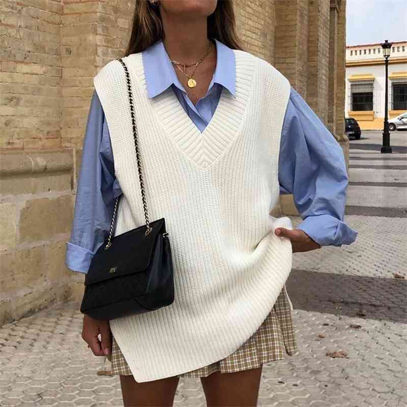 Streetwear Women V-Neck Sweaters Tanks Fashion Ladies Solid Knitted Short Vest Elegant Female Chic Long Loose Pullover 210430