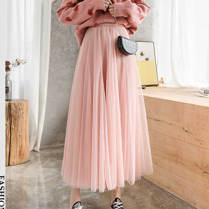 TIGENA Tulle Pleated Long Skirt Women Spring Summer Korean Fashion A Line High Waist Mesh Tutu Maxi Female Mid-length 210619
