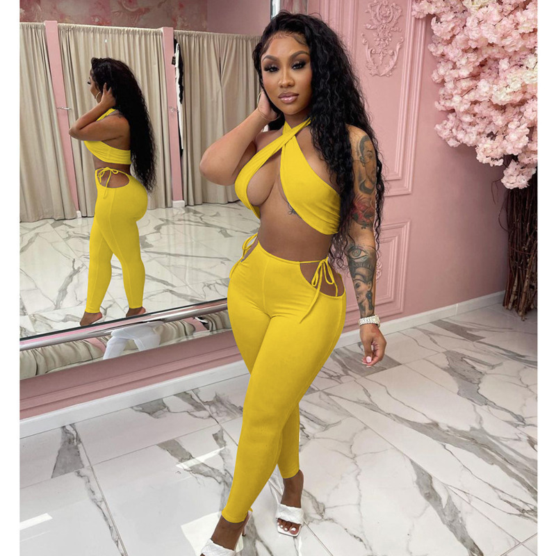 Designer 2023 Women Two piece pants Designer Clothes Slim Tracksuits Solid Colour Halter Casual Fashion Suit Outfits