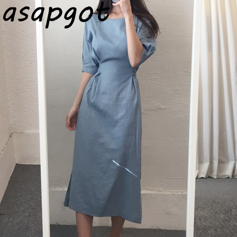 Summer Vintage Plus Size Blue Short Sleeve Square Neck Cotton Linen Dress Women Slim Lace Up Waist Temperament Solid 210429