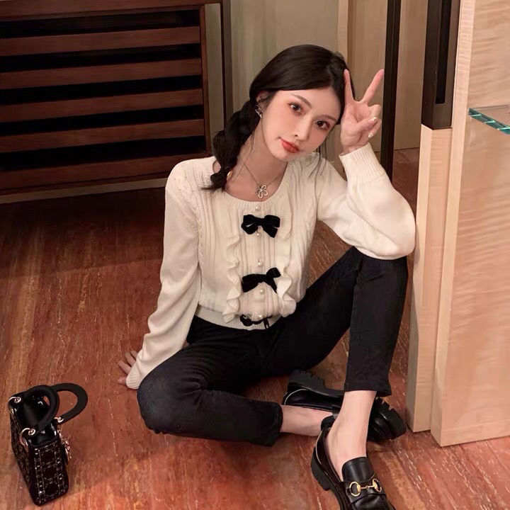 Nomikuma Korean Short Women Knitwear Coat Sweet Bowknot Knitted Cardigan Autumn Winter New Long Sleeve Sweater Jacket 6D108 210427
