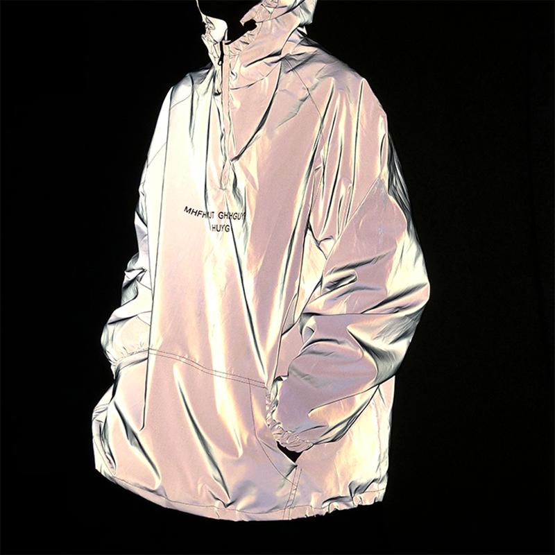Oversized Reflective Pullover Jacket Men Spring Hooded Loose Outerwear Fashion Street Coat Windbreaker Clothing Male Plus Size Men's Jackets