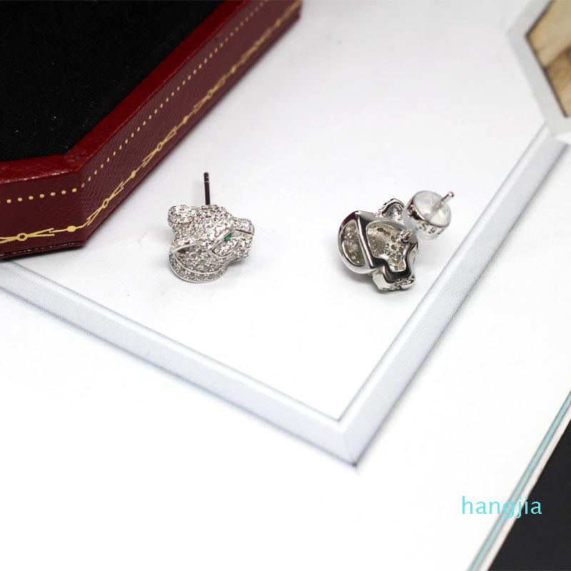 Leopard Head Green Eyes Stud Earring 925 Sterling Silver Full Zircon Beads Panther Women Animal Bridal Jewelry