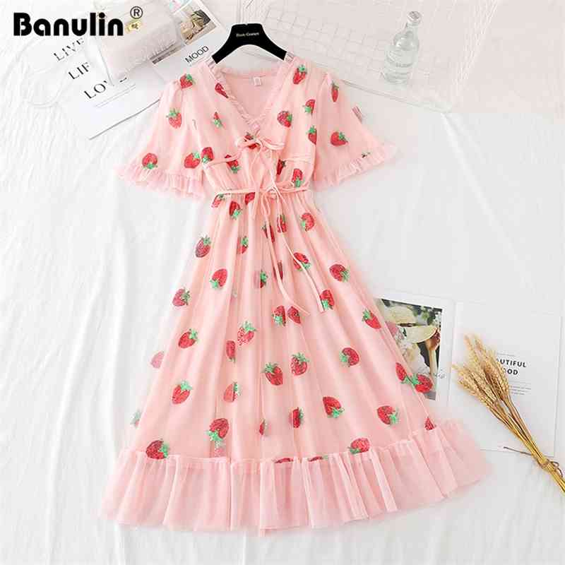 Strawberry dress Sequined Embroidery Cascading Ruffle Midi Dress Women summer V-neck Puff Sleeve Bow Pink Tulle Mesh 210603
Strawberry dress Sequined Embroidery Cascading Ruffle Midi Dress Women summer V-neck Puff Sleeve Bow Pink Tulle Mesh 210603