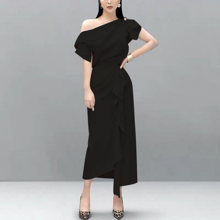 Runway fashion Summer 2 Pcs Set Elegant Women's One Shoulder Sexy Crop Tops + high waist Ruffles Long Skirts 210519