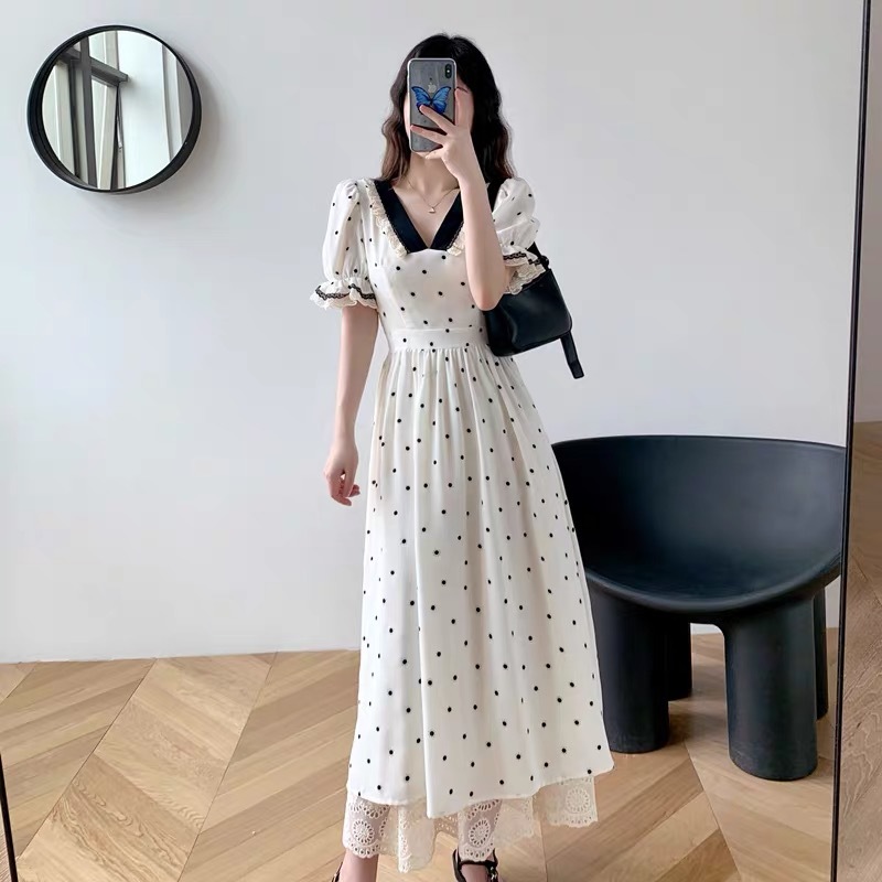 vintage retro polka dot v-neck puff sleeve white dress women summer party patchwork lace high waist ruched midi dresses 210421
