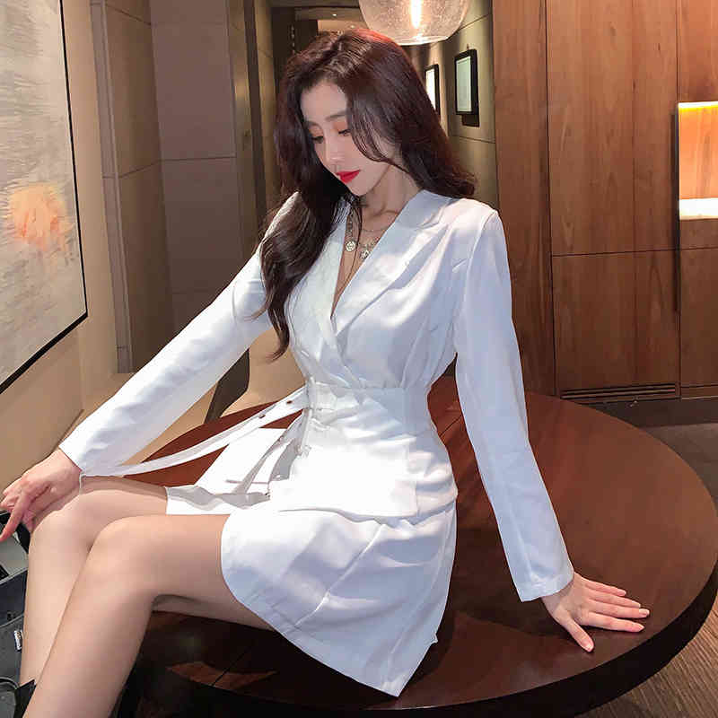 Temperament Blazer Dress Women Mini Party Office Lady Elegant Female Korean Sashes Long Sleeve Clothes 210519