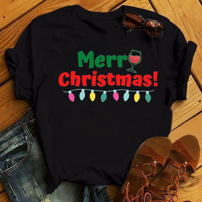 Women's T-Shirt ZOGANKIN Funny Christmas Wine Glasses Tops Girls Fashion T-shirts Unisex Casual Short Sleeve Black