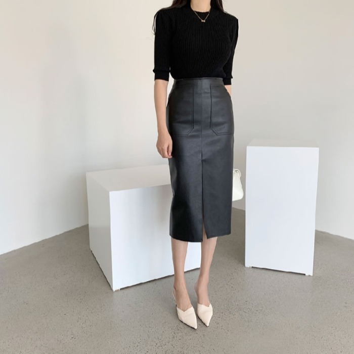 Nomikuma Korean Elegant Split PU Women Skirt High Waist Sexy Slim Pu Leather Skirts Autumn Winter Faldas Mujer Moda 6C926 210427