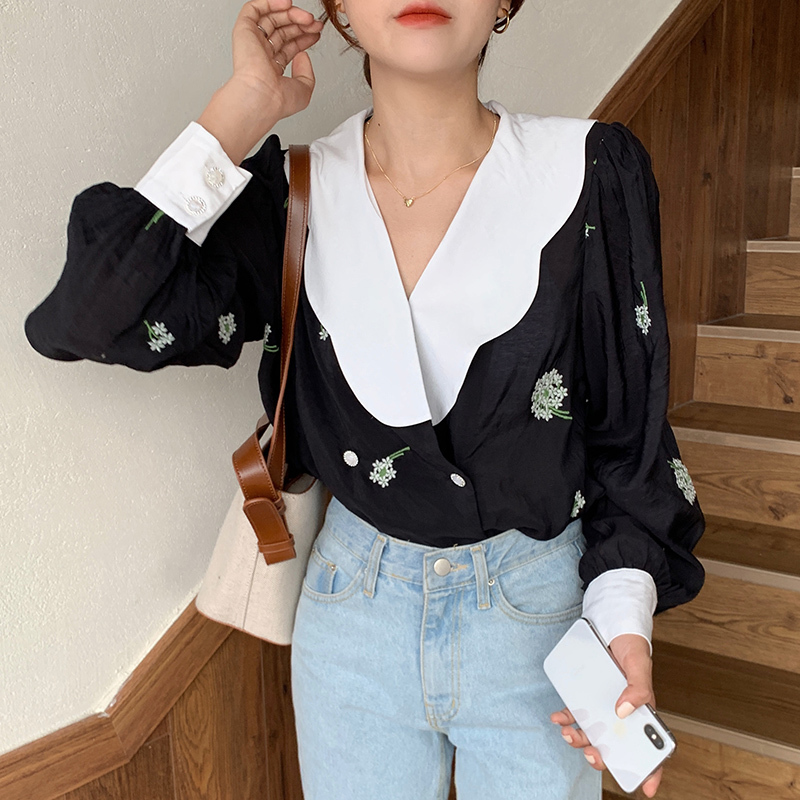 Korean Chic Retro Turn Down Collar Puff Long Sleeve Blouse Floral Embroidery Loose Blusas Casual Sweet Shirt Top 210519