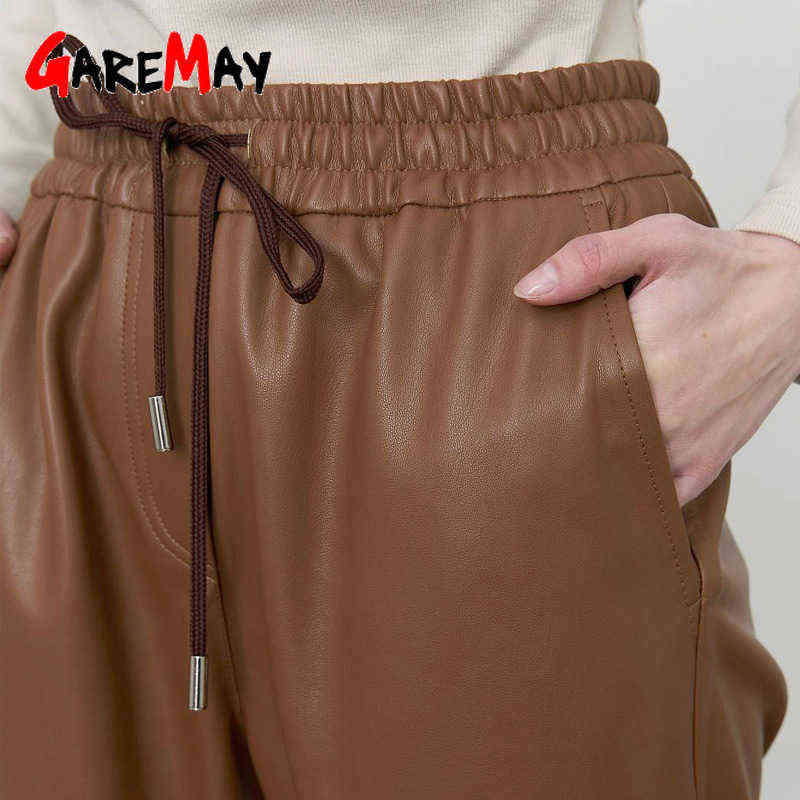 Autumn Winter Women's Leather Trousers High Waist Loose black Brown Straight Leg Pants Classic pu Faux for Women 211115