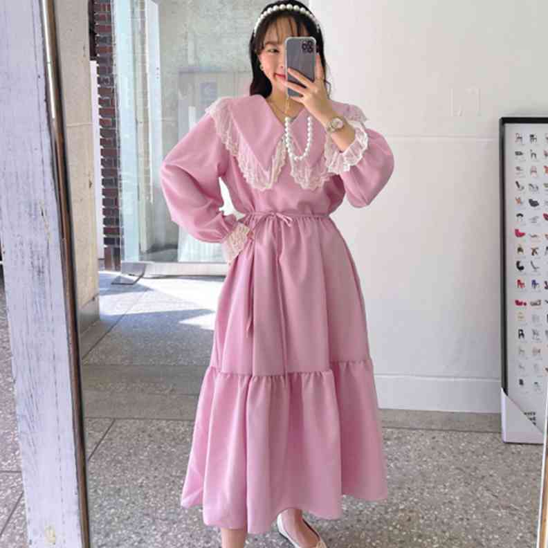 Neploe Spring Women Dress Vintage Lace Peter Pan Collar Slim Waist Sweet Vestidos Mujer Flare Sleeve Black Elegant Dresses 210422