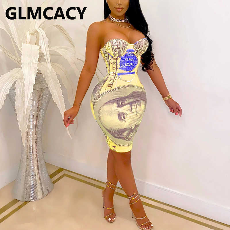 USD Printed Bodycon Slim Tube Dress 210702