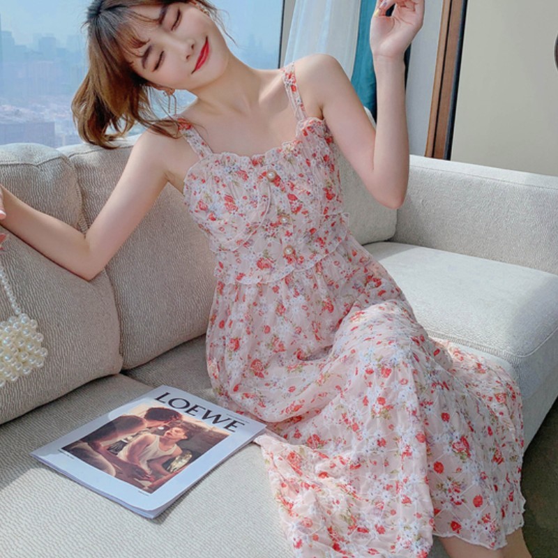 Women Summer Print Floral Midi Dress Female Vintage Franch Sexy Spaghetti Strap Casual Holiday Boho Party Vestidos 210519
