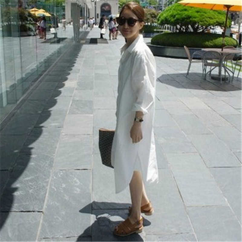 Spring Korean Summer Large Size Dress Loose Lager Casual Solid Turn-down Collar Full 210615Z