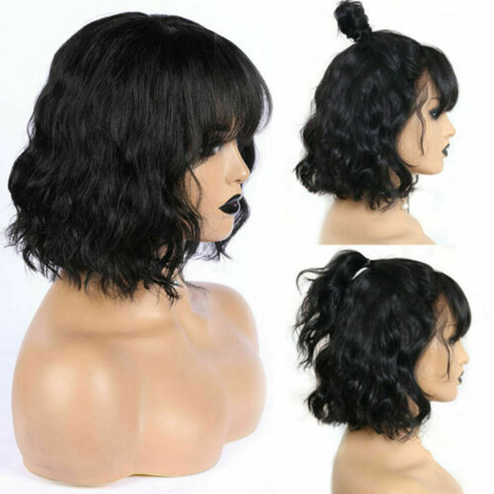Short wavy bob human hair bang wigs lace front brazilian remy wig for black women 130% on sale diva1 natural