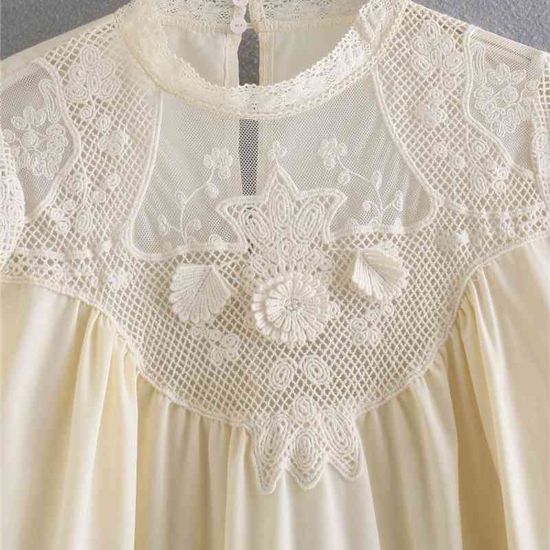 Elegant Women Beige Embroidery Shirts Fashion Ladies Mesh O-Neck tops Streetwear Female Chic Patchwork Blouses 210430