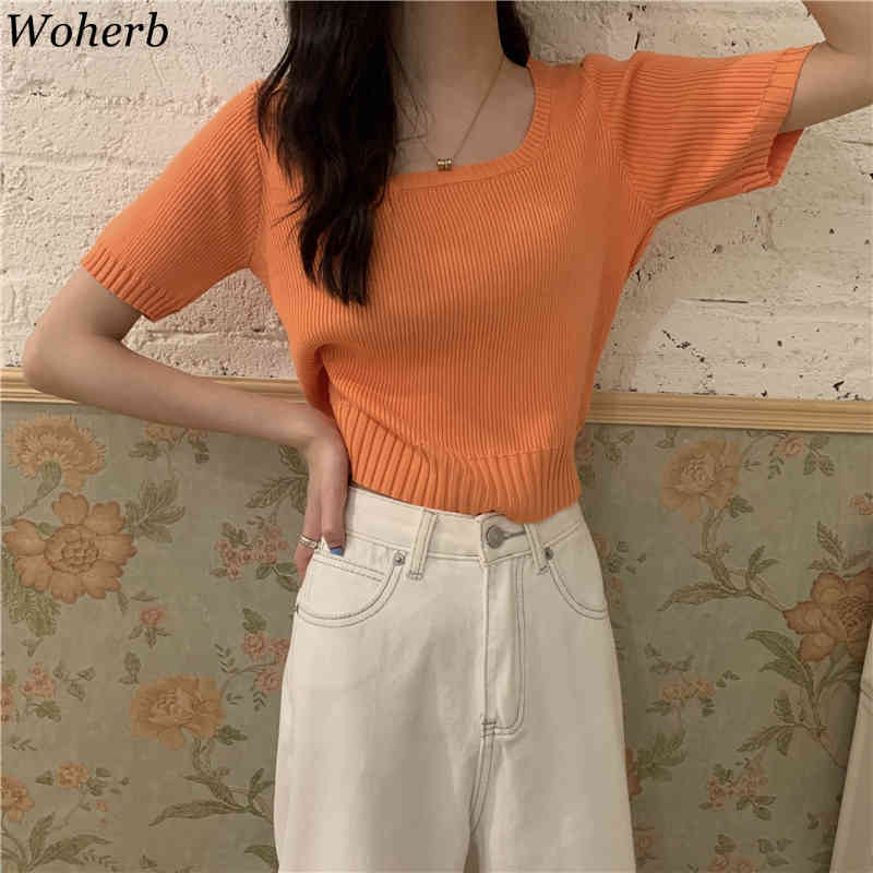 Casual Women Tops Knitted Square Collar Thin Sweater Summer Short Sleeve Girl Solid Candy Color Knitwear T Shirts 210519