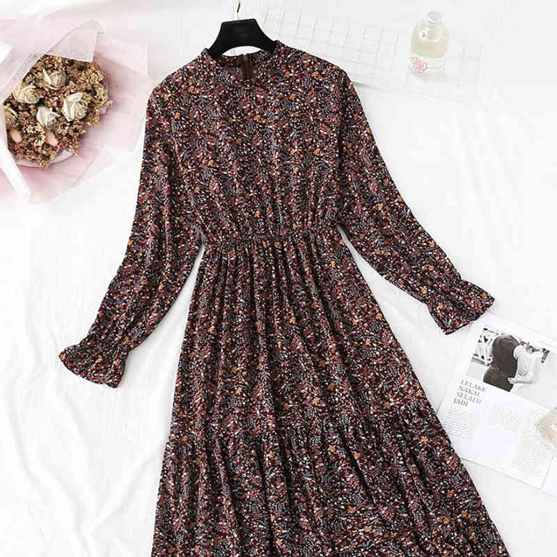 Spring Women Chiffon Dress Flare Sleeve Vintage Print Ruffles Midi Dress Casual Elastic Waist Elegant Party Dress Vestidos 210521