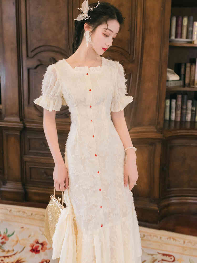Korean Fashion Summer Mermaid Dress Single Breasted Dresses Butterfly Sleeve High Waist Vintage Women Holiday 210506