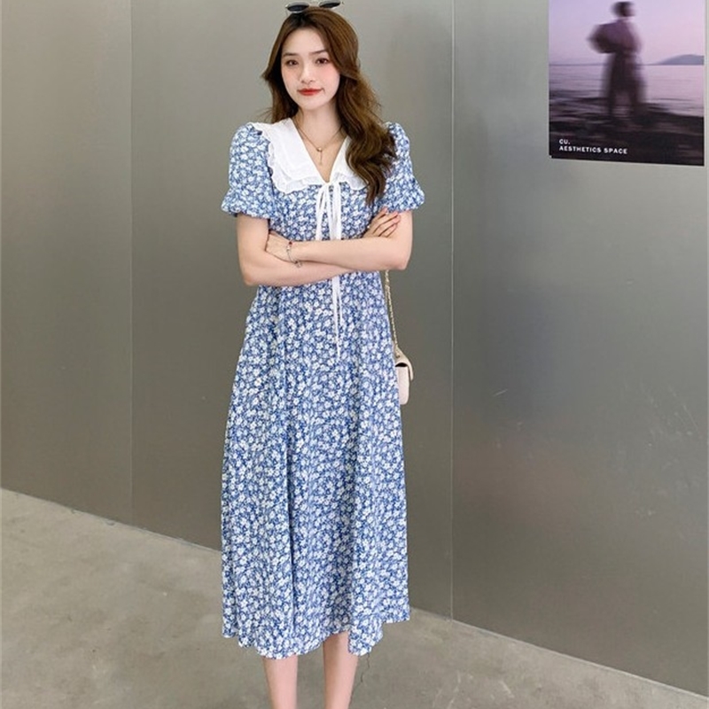 Summer Boho Dress Women's Vintage Sweet Bow Peter Pan Collar Floral Print Chiffon Casual Midi Robe Vestidos 210519