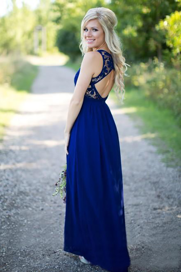 Style 2021 Country Royal Blue Lace and Chiffon A-line Bridesmaid Dresses Long Cheap Jewek Cut Out Back Floor Length Wedding Dress EN6181