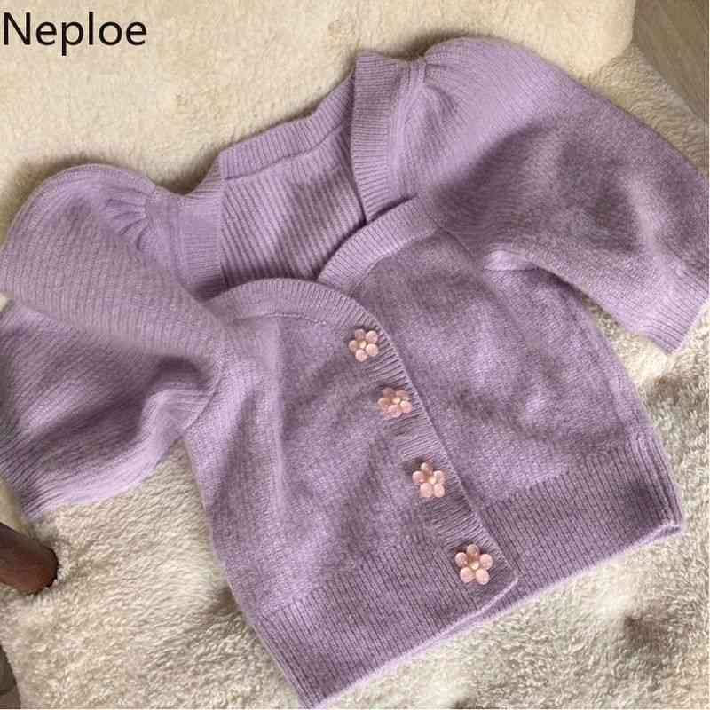 Neploe Cropped Knitted Tops Women Floral Buckle Short Sleeve Soft Loose Cardigan Sweaters Square Collar Vintage Summer Suter 210422