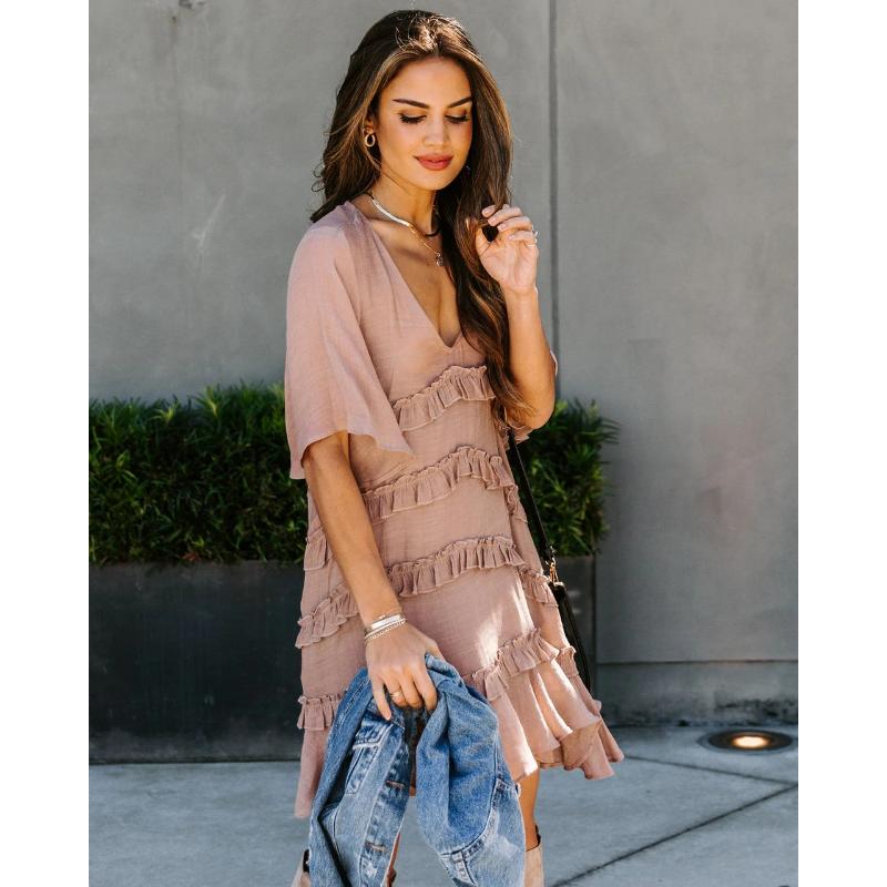 Women's V-neck Pleated Lace Hem Simple Short Sleeve Dress Two Piece