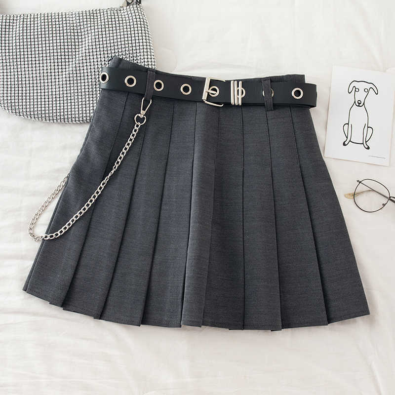 Black Pleated Skirt With Chain-Belt Punk Rock Girl Cheerleading Belted Mini Alt Women e-girl Outfit 210619