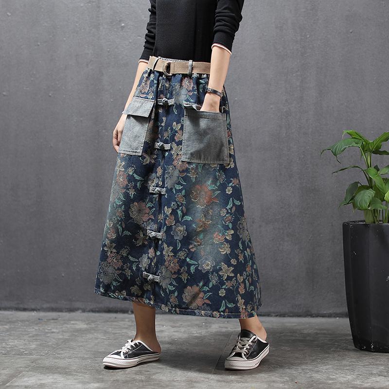 Chinese Style Long Mid-calf Skirt Women Elastic Waist Spring Summer Denim Cotton Casual A-line Flower Print Skirts, Black
Chinese Style Long Mid-calf Skirt Women Elastic Waist Spring Summer Denim Cotton Casual A-line Flower Print Skirts, Black