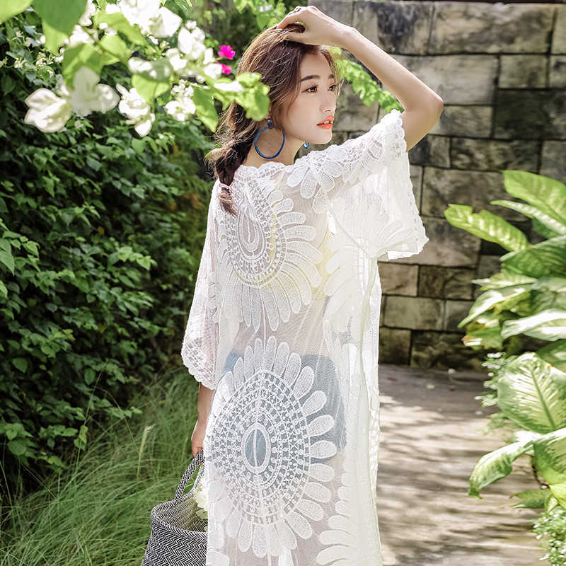 Sexy Swimsuit Cover Up Lace Beach Wear Bathrobe Coverups Swimwear Embroidery Robes for Women Floral See Through Sleepwear X0726