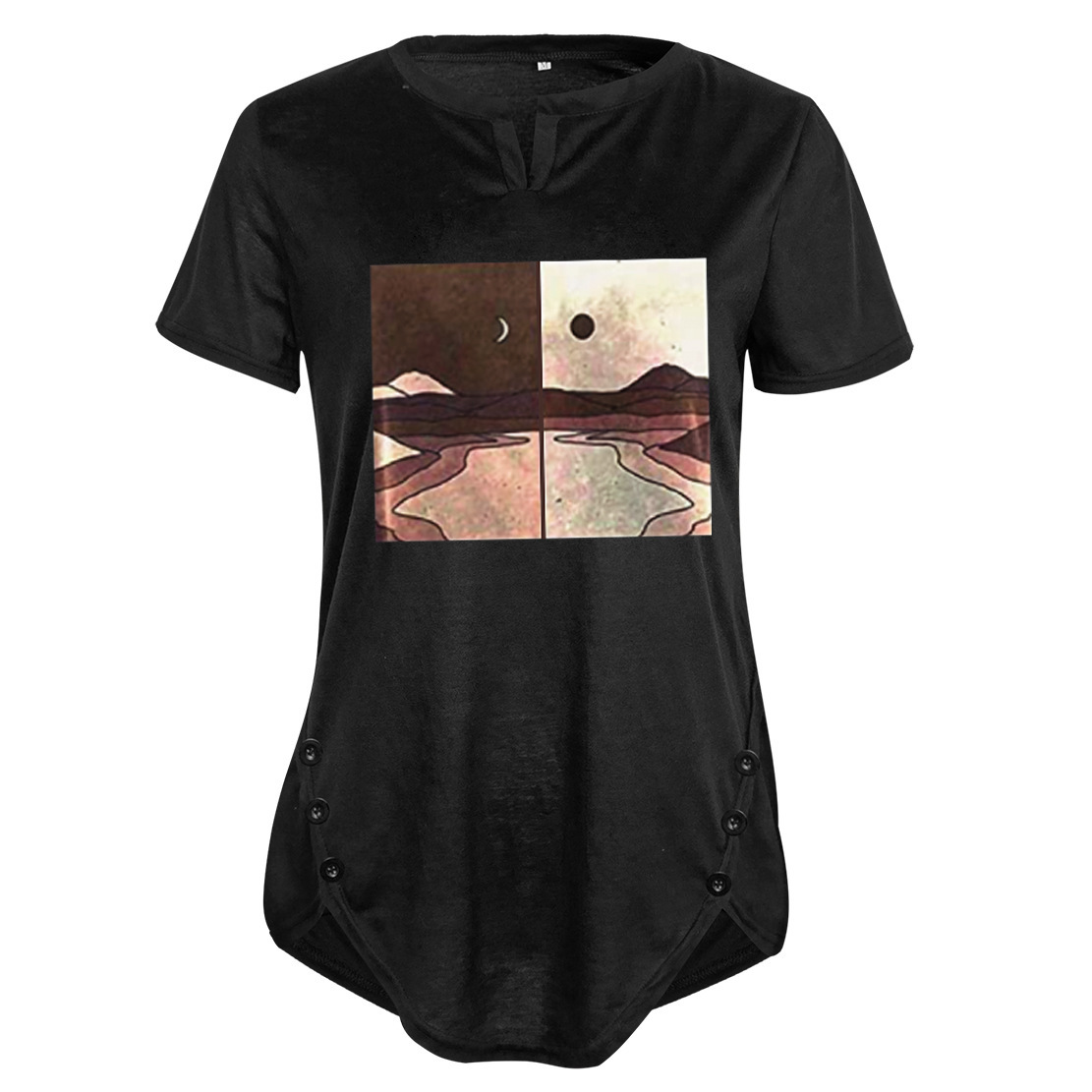 Women Casual Fashion T-shirt Sun Moon Print Loose V-neck Short Sleeve Button Irregular Tshirt Summer Tops Plus Size 5XL 210522