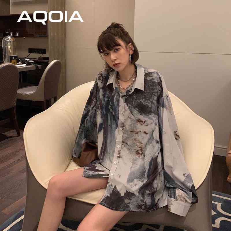 Chic Casual Abstract ink printing Long Sleeve Women Blouse Tunic Shirt Turn-Down Collar Loose Spring Oversize Ladies Tops 210521