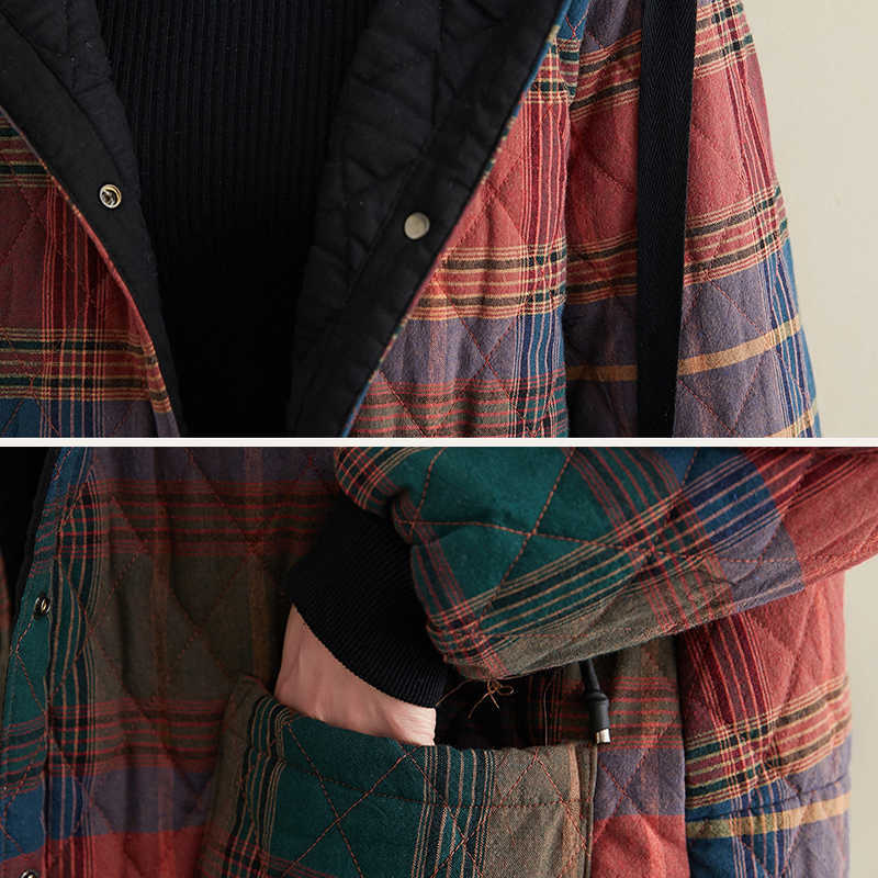 Johnature Women Vintage Winter Parkas Plaid Button Coats Hooded Pockets Warm Female Clothes Korean Style Parkas Coats 210930