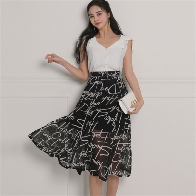 Vintage Elegant 2 Pieces Set Women Summer Sleeveless Chiffon Blouses + High Waist Black Letter Print Skirts Suit 210519