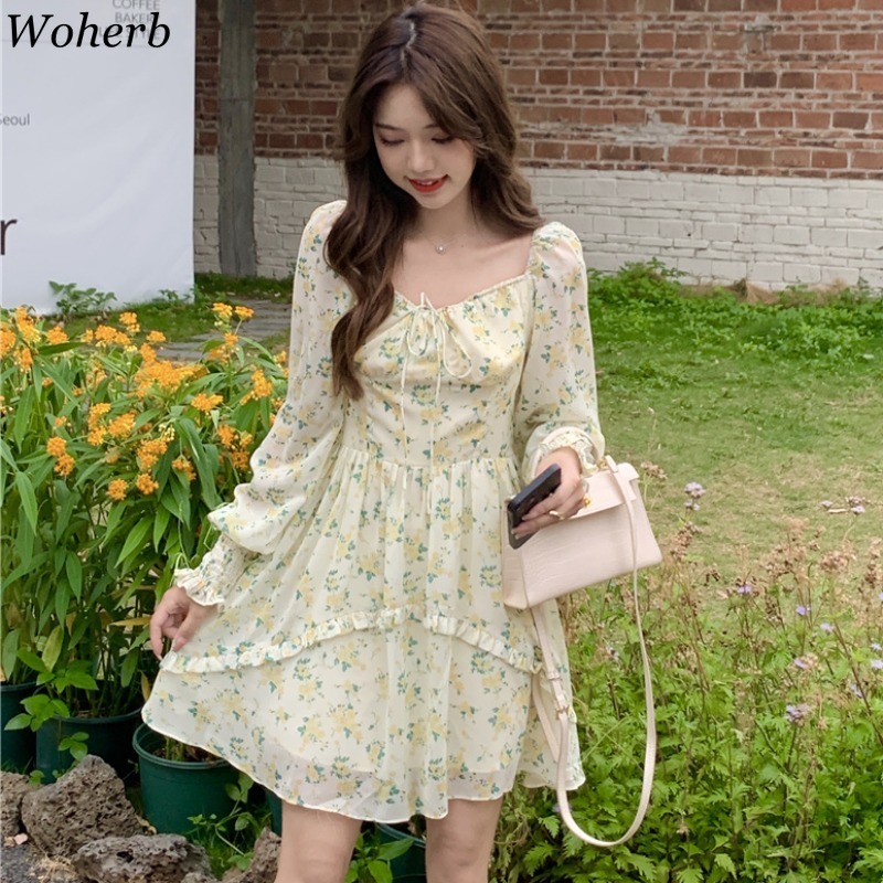 Women Dress Korean Square Collar Elegant Vintage Vestidos Long Sleeve Floral Beach Mini Robe Summer Chic Dresses 210519