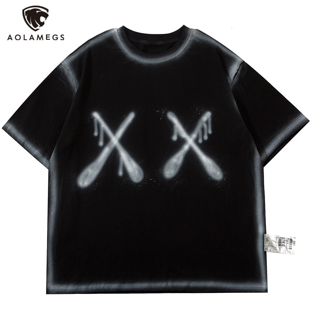 Men's Polos Aolamegs funny man's shirt inkjet graffiti t casual o-neck baggy simple tops legal high street hipster streetwear, Black