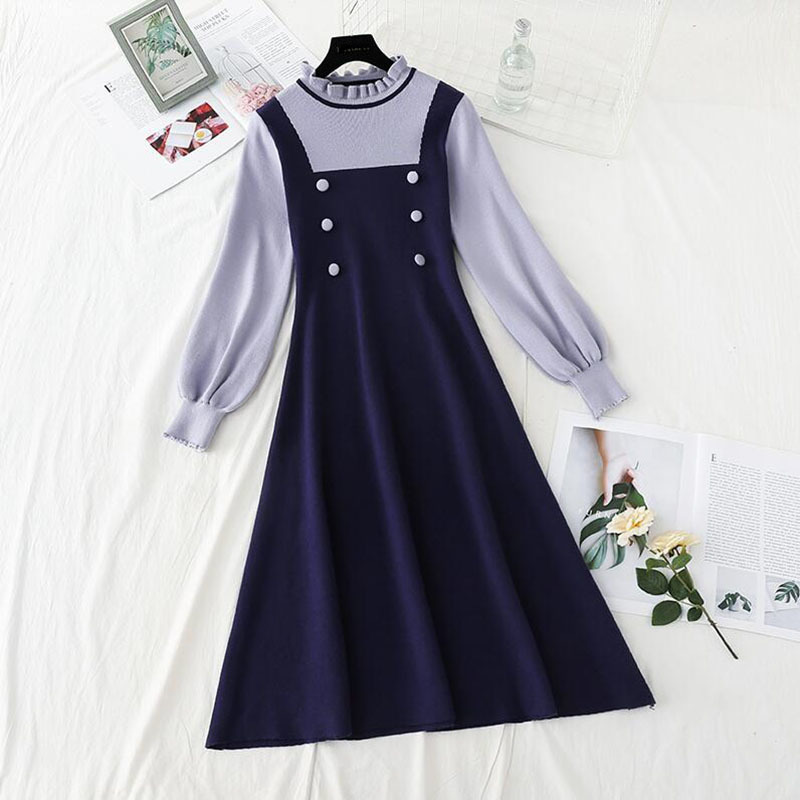 Autumn Winter Knit Long Dress Women Elegant Ruffle collar Slim A-line Sweater Dresses Double breasted Office Lady Casual Dress 210521