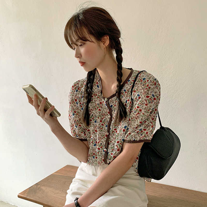 Korejpaa Women Shirt Summer Korean Chic Retro Round Neck Edging Single-Breasted Loose Versatile Floral Puff Sleeve Blouses 210526