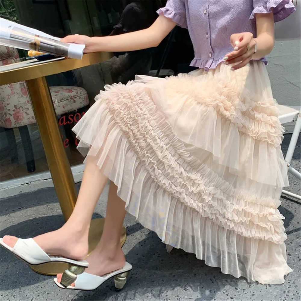 French Elegant Ruffled Irregular Cake Stitching Pleated Skirts Women Vintage Mesh High Waist Layered Tulle Skirts Streetwear 210619