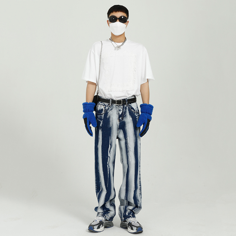 IEFB Tie Dyed Blue Jeans Men's Loose Straight Vintage Streetwear Fashion Denim Casual Pants Male Loose Trousers 9Y7100 210524