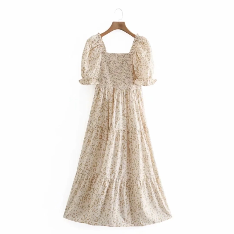 Summer Women Square Collar Elastic Bust Printed Midi Dress Female Puff Sleeve Clothes Casual Lady Loose Vestido D7712 210430Z