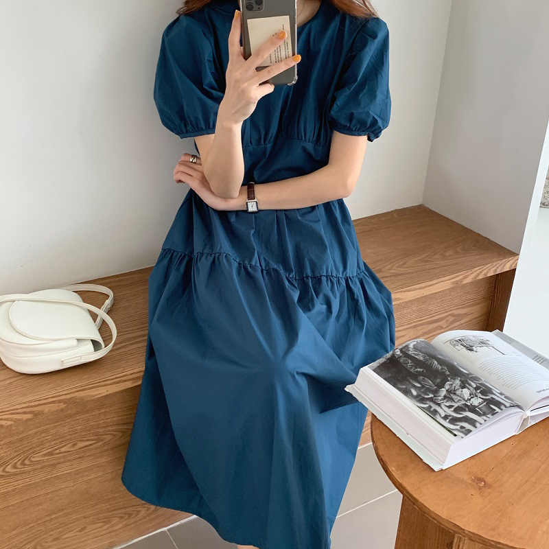 MATAKAWA Elegant Round Neck Women Dress Casual Pleated Robe Femme High Waist Long Vestidos Puff Sleeve Dresses Woman 210513